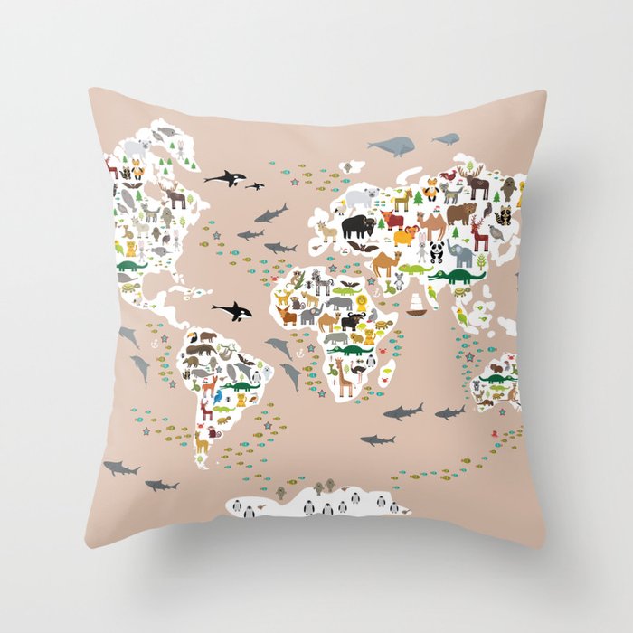 Cartoon world map for children, kids, Animals from all over the world, back to school, rosybrown Throw Pillow