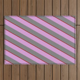 [ Thumbnail: Plum, Grey, and Brown Colored Lined Pattern Outdoor Rug ]