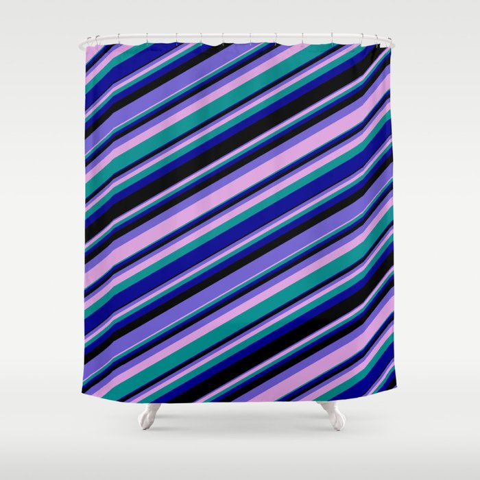 Vibrant Slate Blue, Plum, Dark Cyan, Dark Blue & Black Colored Lines/Stripes Pattern Shower Curtain