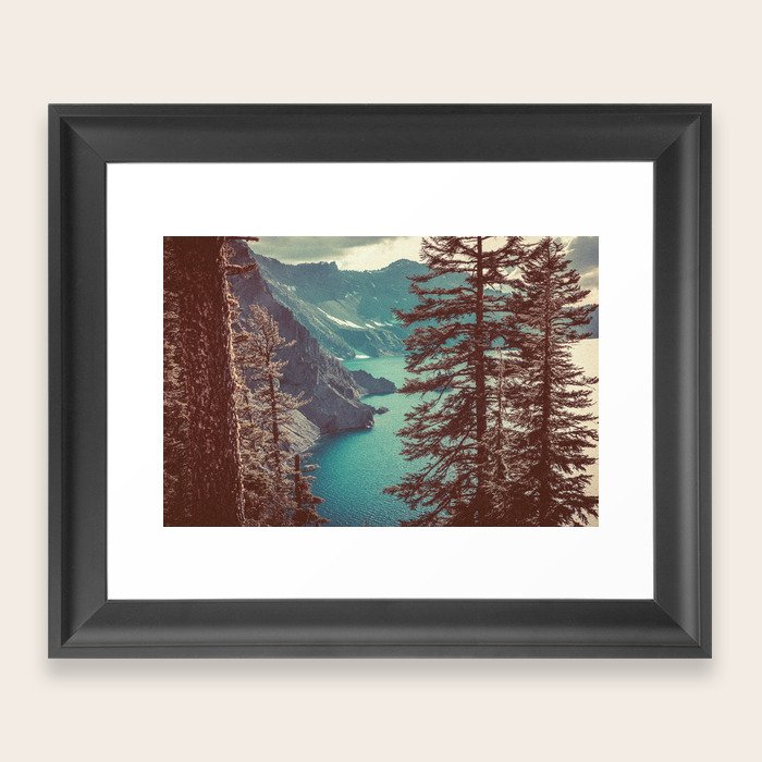 Vintage Blue Crater Lake and Trees Nature Photography Framed Art