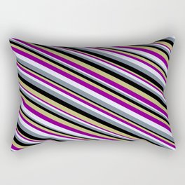 [ Thumbnail: Eye-catching Dark Khaki, Purple, Lavender, Slate Gray, and Black Colored Lined/Striped Pattern Rectangular Pillow ]
