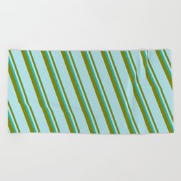 [ Thumbnail: Light Sea Green, Green & Powder Blue Colored Lined/Striped Pattern Beach Towel ]