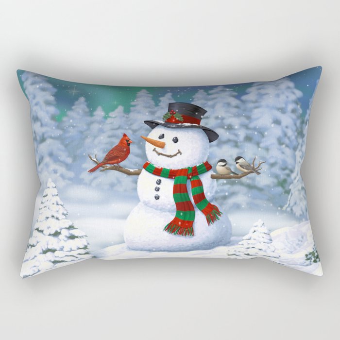 Cute Happy Christmas Snowman with Birds Rectangular Pillow