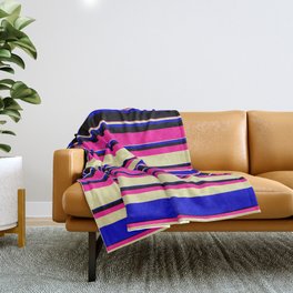 [ Thumbnail: Deep Pink, Pale Goldenrod, Blue, and Black Colored Striped/Lined Pattern Throw Blanket ]