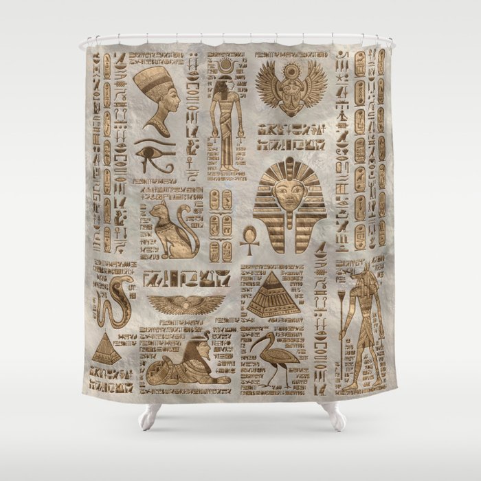 Egyptian hieroglyphs and deities -Vintage Gold Shower Curtain