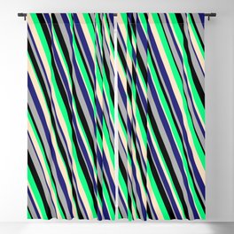 [ Thumbnail: Eyecatching Green, Bisque, Midnight Blue, Dark Grey, and Black Colored Lines/Stripes Pattern Blackout Curtain ]