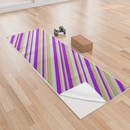 [ Thumbnail: Light Grey, Dark Khaki, and Dark Violet Colored Striped/Lined Pattern Yoga Towel ]