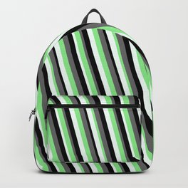 [ Thumbnail: Dim Gray, Light Green, Mint Cream & Black Colored Stripes Pattern Backpack ]