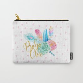 Boho chic brush script girly bohemian blue and pink flowers and feathers Carry-All Pouch