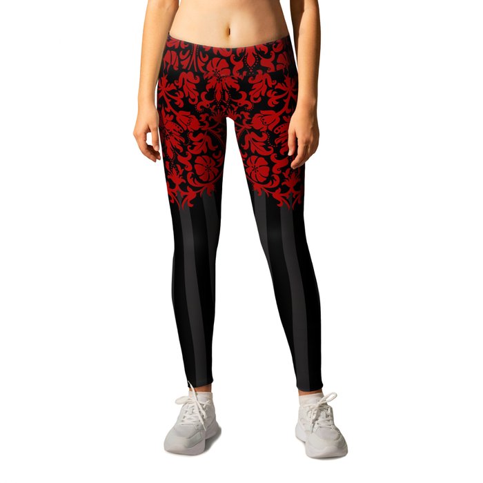 Beautiful Red Damask Lace and Black Stripes Leggings
