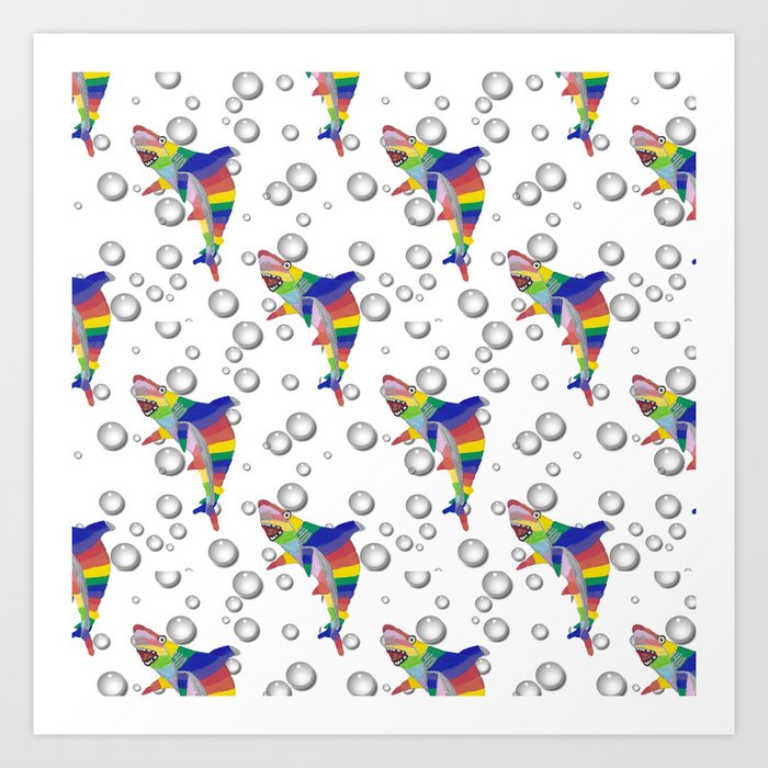 Colorful Shark Hand Drawn Design with Digital Bubbles Art Print