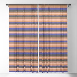 [ Thumbnail: Eyecatching Light Salmon, Chocolate, Blue, Black & Brown Colored Stripes/Lines Pattern Sheer Curtain ]