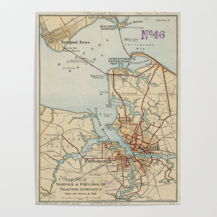 Vintage Map of Norfolk and Portsmouth VA (1919) Poster