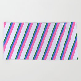 [ Thumbnail: Lavender, Green, Royal Blue & Hot Pink Colored Pattern of Stripes Beach Towel ]