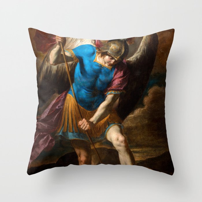 Archangel Michael fights against the Fallen Angel, 1650 by Andrea Vaccaro Throw Pillow