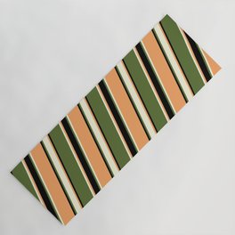 [ Thumbnail: Dark Olive Green, Beige, Brown & Black Colored Pattern of Stripes Yoga Mat ]