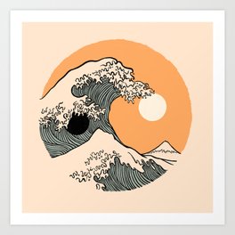 Yin yang 3 Orange moon and sun great wave Art Print