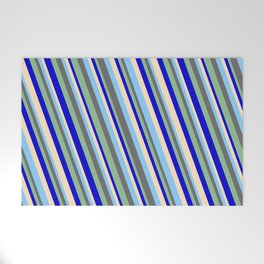 [ Thumbnail: Light Sky Blue, Dim Gray, Dark Sea Green, Blue & Bisque Colored Lined/Striped Pattern Welcome Mat ]