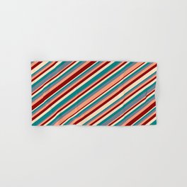 [ Thumbnail: Eye-catching Bisque, Teal, Slate Gray, Light Salmon & Dark Red Colored Stripes Pattern Hand & Bath Towel ]