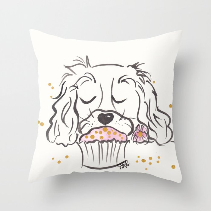 Pretty Spaniel Dog with Pink Cupcake Throw Pillow