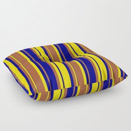 [ Thumbnail: Yellow, Sienna & Blue Colored Striped Pattern Floor Pillow ]