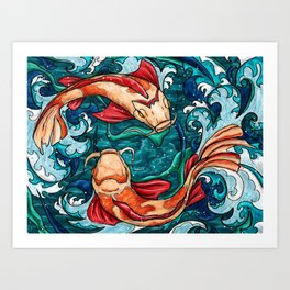Japanese koi fish painting, koi fish couple in waves Art Print