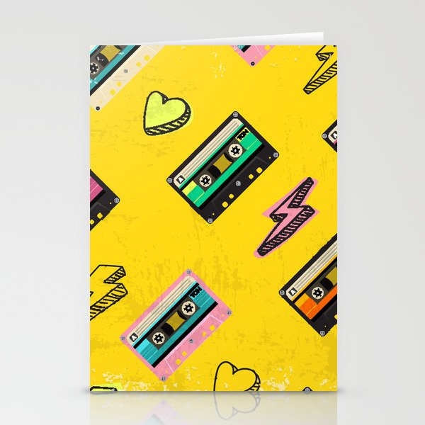 70's, 80's cassette tape vintage retro background. Fashionable poster simple graphic old style with heart and flash. Disco love party 1980. Yellow Stationery Cards