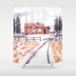 Winter Landscape With House And Pine Trees Watercolor Shower Curtain