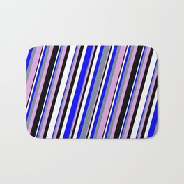 [ Thumbnail: Blue, Light Slate Gray, Plum, Black & White Colored Stripes/Lines Pattern Bath Mat ]