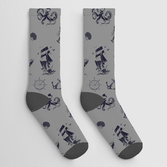 Grey And Blue Silhouettes Of Vintage Nautical Pattern Socks