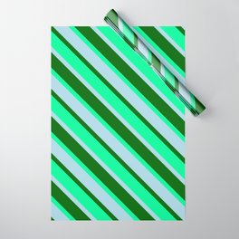 [ Thumbnail: Light Blue, Dark Green & Green Colored Stripes/Lines Pattern Wrapping Paper ]