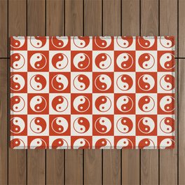 Checkered Yin Yang Pattern (Light Beige + Cherry Red Color Palette) Outdoor Rug