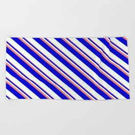 [ Thumbnail: Light Coral, Blue, and Mint Cream Colored Striped Pattern Beach Towel ]