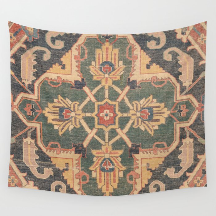 Geometric Leaves VI // 18th Century Distressed Red Blue Green Colorful Ornate Accent Rug Pattern Wall Tapestry