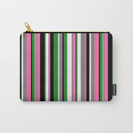 [ Thumbnail: Eyecatching Black, Hot Pink, Gray, White, and Forest Green Colored Stripes/Lines Pattern Carry-All Pouch ]