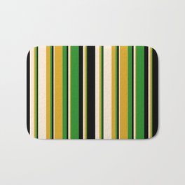 [ Thumbnail: Goldenrod, Beige, Black & Forest Green Colored Striped Pattern Bath Mat ]