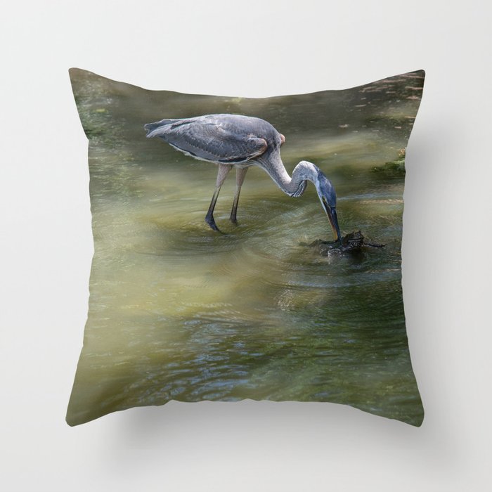 Great Blue Heron Catching Huge Frog - I Throw Pillow