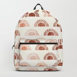 block print suns - terra cotta neutrals Backpack | Midcenturymodern, Terracotta, Orange, Boho, Burntorange, Graphicdesign, Pattern, Blockprint, Neutrals, Rust 