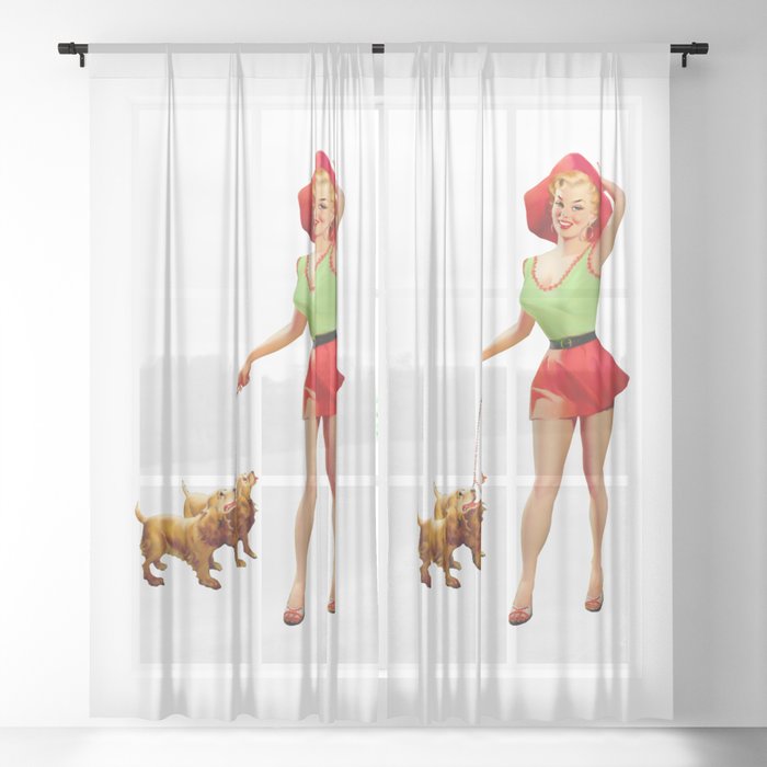 Sexy Blonde Pin Up With Green Dress Red Skirt And Two Dogs Sheer Curtain