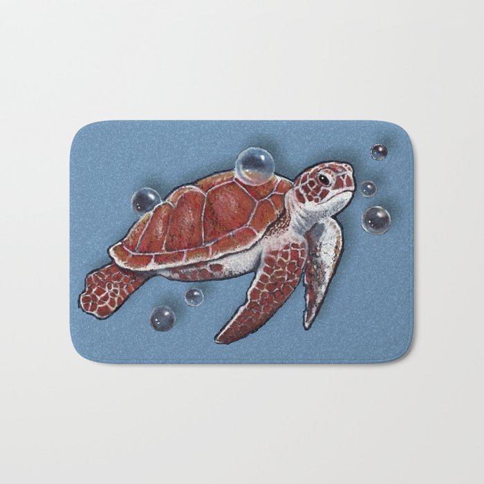 Turtle Swimming Bubbles Ocean Blue Wildlife Art Bath Mat By