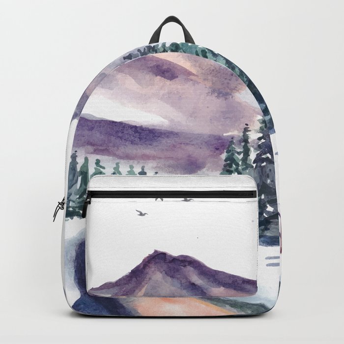 Winter Landscape With Mountain And Pine Trees Watercolor Backpack