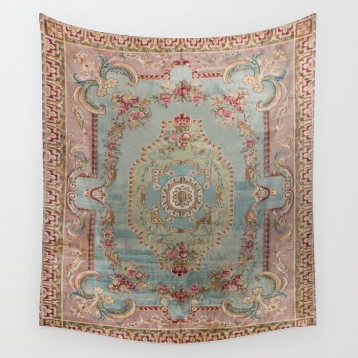 Antique French Rose Blue Aubusson  Wall Tapestry