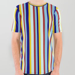 [ Thumbnail: Vibrant Red, Light Cyan, Yellow, Dark Blue, and Sky Blue Colored Lines Pattern All Over Graphic Tee ]