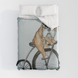 English Bulldog Riding a Penny-farthing Duvet Cover