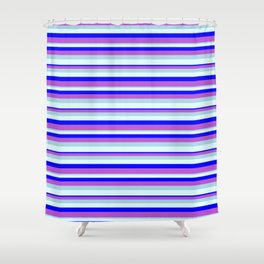 [ Thumbnail: Blue, Orchid, Light Blue & Light Cyan Colored Pattern of Stripes Shower Curtain ]