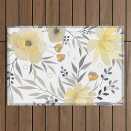 Modern, Floral Prints, Yellow, Gray and White Outdoor Rug