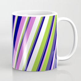 [ Thumbnail: Colorful Green, Dark Slate Blue, Blue, Orchid, and White Colored Stripes Pattern Coffee Mug ]
