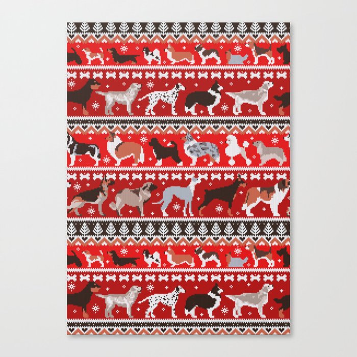 Fluffy and bright fair isle knitting doggie friends // fire brick and fire engine red background brown orange white and grey dog breeds  Canvas Print