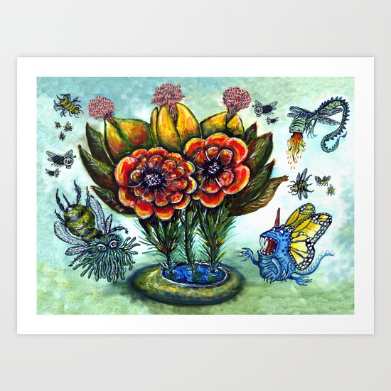 Surreal watercolor flowers and bugs Art Print