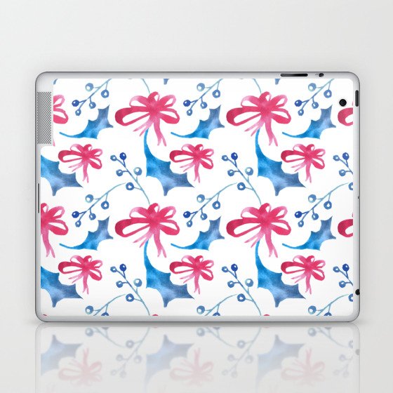 Christmas Pattern Watercolor Bow Floral Leaf Laptop & iPad Skin